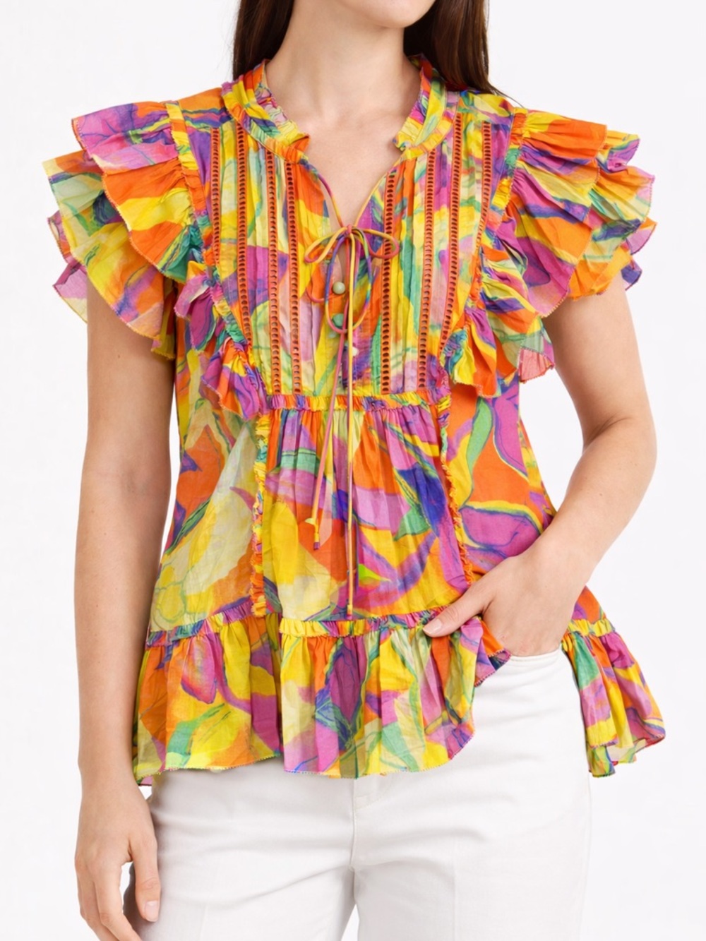 Alivia Veronica Top XS Colorful Abstract Floral Ruffle Blouse Tie Neck